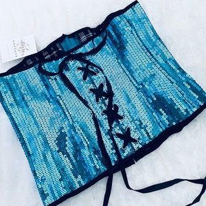 Blue Sequin Lace-Up Bustier Top